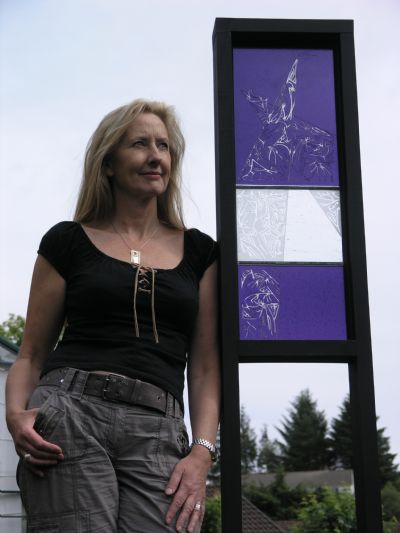 Sky Banner. Fused and sandblast carved panels. Karen Liversedge